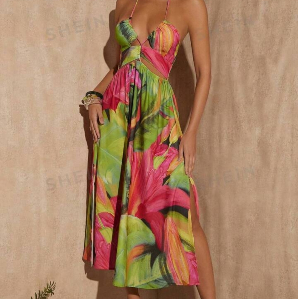 Nwts Tropical Print Halter Dress Medium